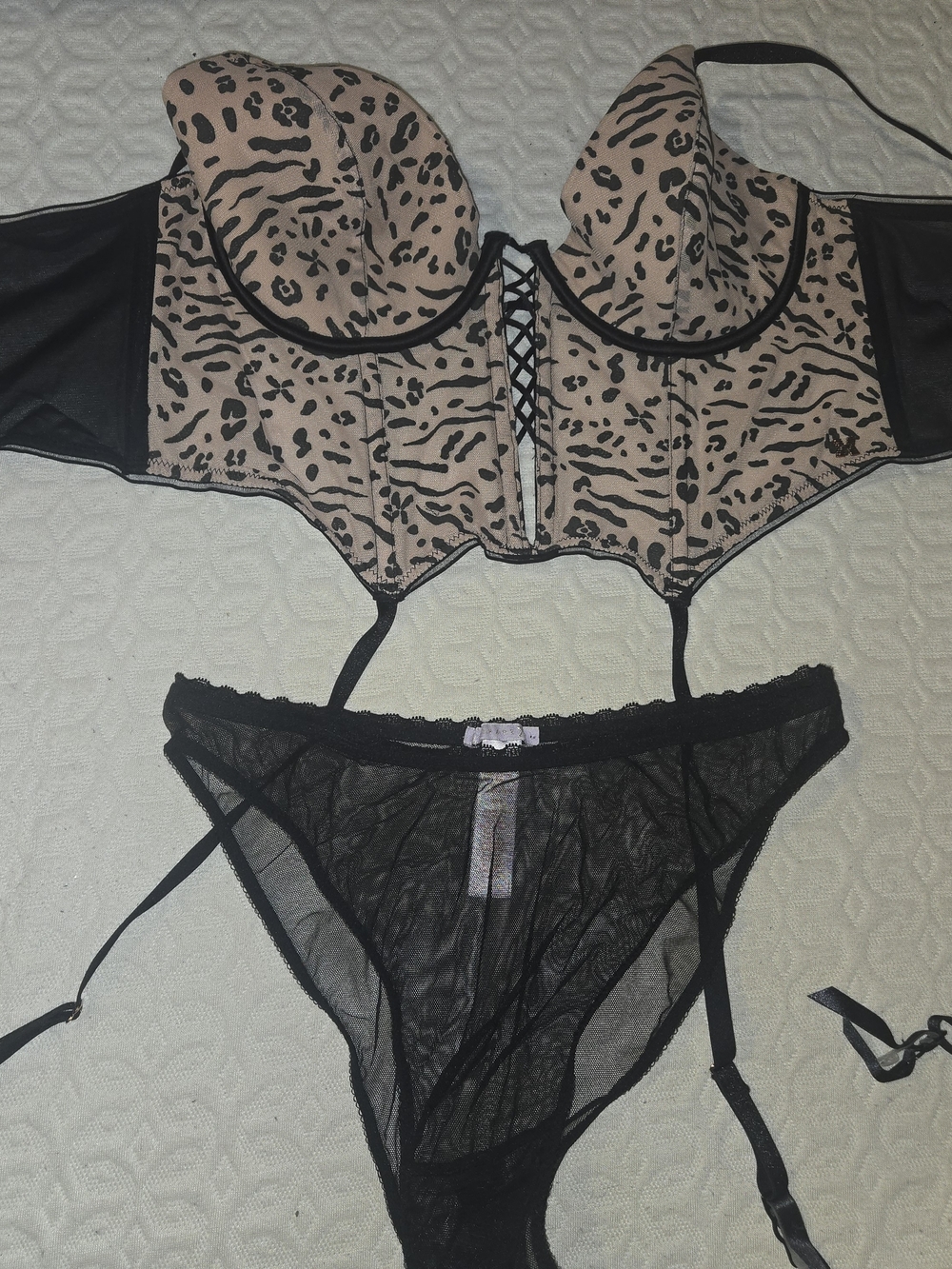 Savage X Fenty Beige Leopard Bustier with Black Sheer Panty